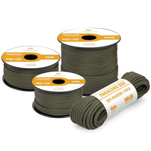 Abma Cord Paracord 4mm 15m Corda Paracord 550 Tipo III 7 Fili per All'aperto, Sopravvivenza, Campeggio, Fai Da Te - Max. 250 kg - Verde Militare