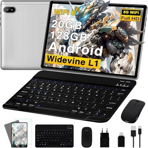 Tablet 10 Pollici Android con 20GB RAM+128GB ROM (TF 2TB), 5G WiFi 6, Octa-Core, 2.0 GHz, GMS, Bluetooth 5, 5MP + 8MP, 1280 * 800 FHD IPS, 2025 Newest Tablet Widevine L1 con Tastiera e Mouse - Silver