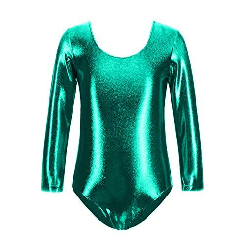 FUREINSTORE Maglia da danza danza balletto palestra body classico lucido elastico per ragazze a maniche lunghe girocollo per ballerina (Verde, 8 anni)