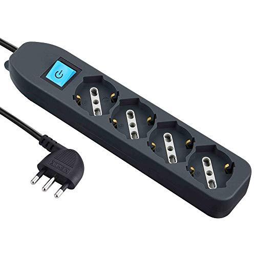 Electraline 62073 Multipresa 4 posti polivalenti (schuko + 10/16A) con Interruttore-Cavo 1,5 m Nero