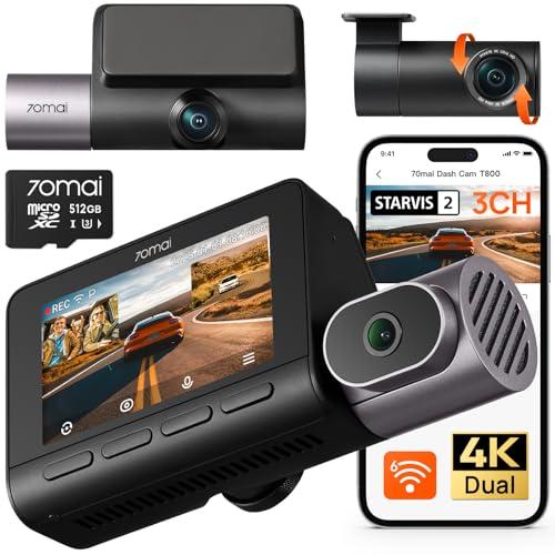 70mai Dash Cam 4K T800 3 Canali Dual 4K+1080P Anteriore Posteriore Interno, 3 HDR Dual STARVIS 2 con microSD 512GB, 4G LTE, Rilevamento del Movimento AI, Visione Notturna, Monitoraggio Parcheggio
