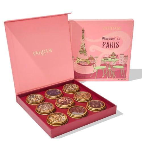 VAHDAM Set Regalo Tè Weekend a Parigi - 9 Tè Sfusi Assortiti - Tisane, Chai e Tè Nero - Confezione Regalo Edizione da Viaggio |-Idee Regalo per Donna e Uomo - Sigillato Sottovuoto per Freschezza