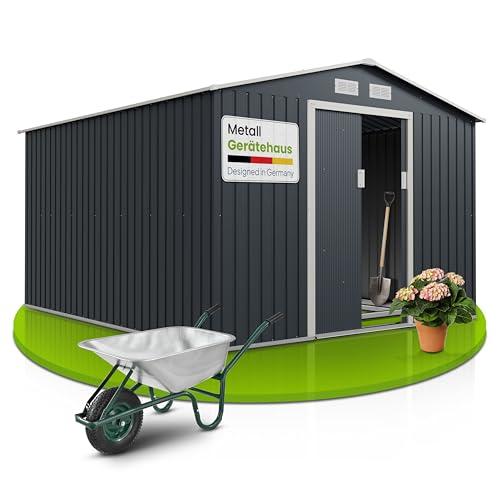 Juskys Casetta per gli attrezzi in metallo XXL 15 m³ con tetto a uno spiovente, porta scorrevole e fondamenta - 277 × 319 × 192 cm - antracite - capanno per gli attrezzi Casetta da giardino