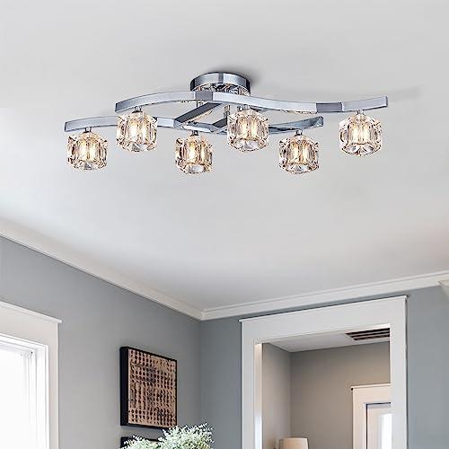 BESTIER Lampadario moderno elegante in vetro cristallo Lampadario a 6 luci Cromo Montaggio semi-filo Apparecchio di illuminazione Lunghezza 77 x Larghezza 25 cm x Altezza 19 cm