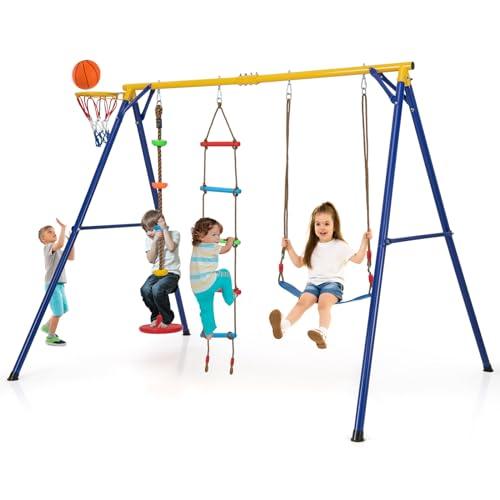 COSTWAY Set Altalena per Bambini Robusta, Set Altalena 4 in 1 con Canestro Basket, Altalena Regolabile, Scala e Disco con Corda, Giochi da Interno ed Esterno per Bambini 3-9 Anni, Portata 300 kg