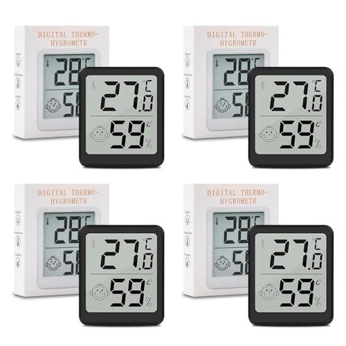 Wepai Termometro Ambiente Interno,4 Pezzi LCD Mini Igrometro Digitale Professionale,Rilevatore Misuratore di Umidità e Temperatura Igrometro Termometro Interni con Supporto In Metallo per Case,Nero
