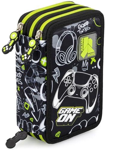 Julian Ross Astuccio 3 Scomparti Bambini, 45 Pezzi, 2 Penne Cancellabili, Pastelli 4.0, Forbici, Colla, Pennarelli, Scuola e Regalo, Nero e Verde, Game On