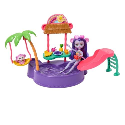Enchantimals - Piscina dei Tuffi Scimmietta, playset con bambola con accessori e amico cucciolo, scivolo, altalena e 12+ pezzi inclusi, giocattolo per bambini, 4+ anni, HTW73