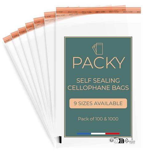 PACKY – Sacchetti Trasparenti Per Confezioni - Sacchetti Cellophane Adesivi - Scelta Di Dimensioni - Buste Trasparenti Per Regali - Buste Plastica Richiudibili - 16x22 cm Lotto di 100