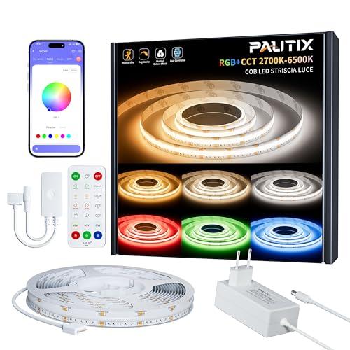 PAUTIX RGBCCT LED Striscia COB 5M,RGB+WW/CW 2700K-6500K Cambia Colore Dimmerabile 24V LED Strip Kit con Telecomando RF e Alimentatore,Incluso Gruppo Controllo,Musica Modalità per DIY Home Decor