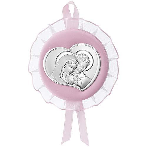 Valenti&Co - Medaglione Musicale Capoculla con Sacra Famiglia in Argento perfetto come idea regalo nascita o regalo - Rosa battesimo da appendere alla culla, al passeggino o in cameretta del neonato