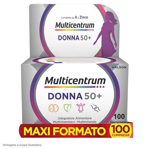 Multicentrum Donna 50+ Integratore Multivitaminico completo, con Magnesio, Vitamina A, D, B12, Calcio, per combattere stanchezza e affaticamento per Donne oltre 50 anni, 100 Compresse