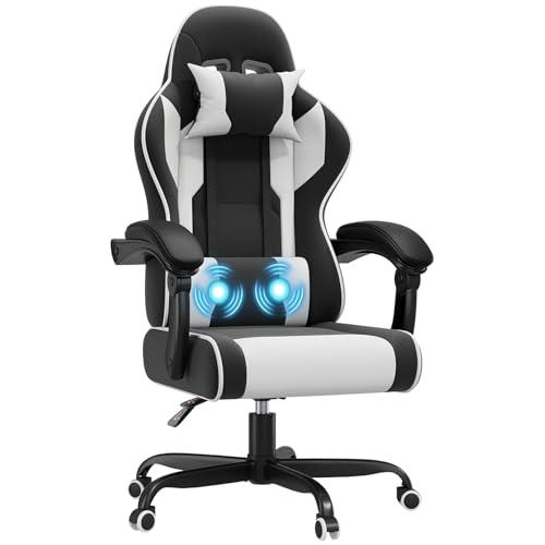 JUMMICO JETSTREAM Poltrona Gaming Ergonomica Con Poggiapiedi, Poggiatesta, Massaggio E Sollevamento Pneumatico, 150 Kg, bianco e nero
