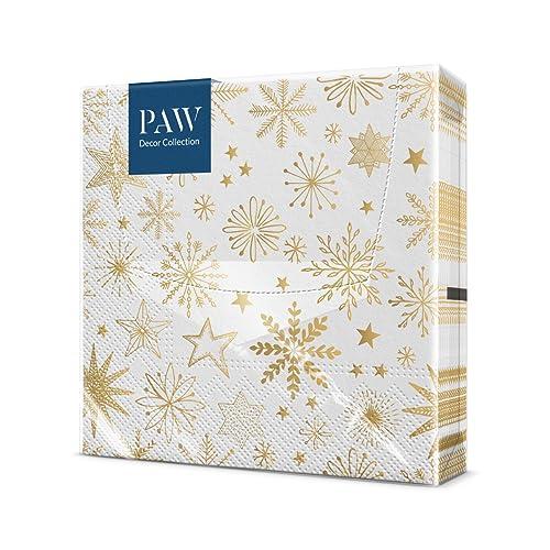 PAW - Tovaglioli di Carta Natale (33 x 33 cm) I 20 Pezzi I Tovaglioli di Carta Natalizi I 3 Veli I Inverno, Vacanze, Neve, Fiocchi di Neve, Oro I Shiny Snowflakes