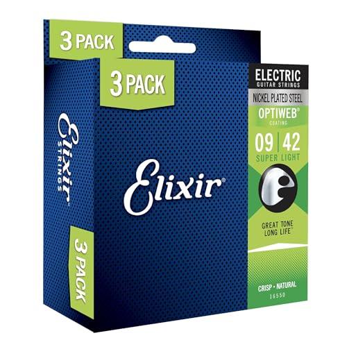 Elixir Strings - Corde per chitarra elettrica Nickel Plated Steel con rivestimento OPTIWEB - Elixir corde per chitarra elettrica - Confezione da 3, Super Light 9-42