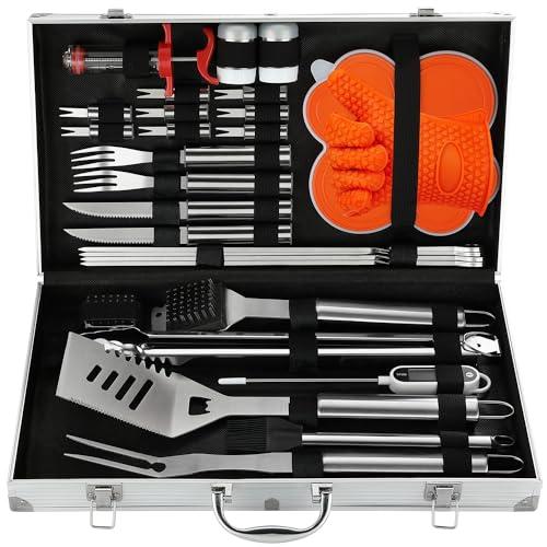 N NOBLE FAMILY 30Pcs Set Accessori Barbecue in Acciaio Inox di Alta Qualità - Attrezzi Barbecue Professionali - Set Barbecue Vari e Completi - Kit Barbecue All'Aperto per Uomini Donne