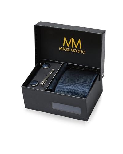 Massi Morino Cravatta Blu scuro e fazzoletto da uomo con camicia gemelli, parure fermacravatta set I Accessori sposa I Cravatte Elegante Confezione Regalo