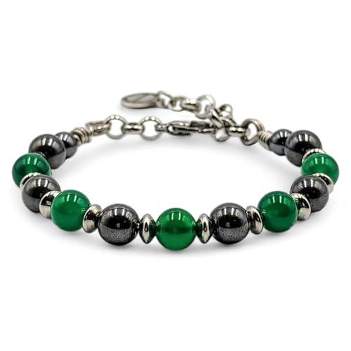 Bracciale semirigido con pietre naturali di Onice verde, Ematite e inserti in acciaio