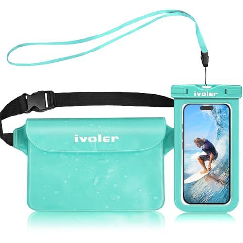 iVoler Kit Impermeabile con Borsa Marsupio e Custodia Smartphone IPX8 per Sport Acquatici Pesca Vela Sci Mare Escursione, Protezione per Cellulare Portafoglio Documenti - Verde Menta