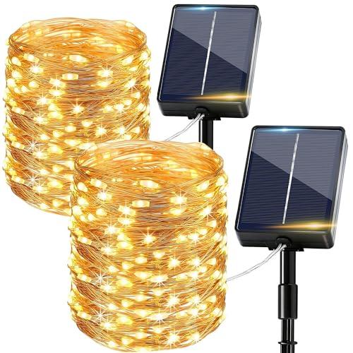 Luci Solari Esterno 2 Pacchi, 15+2M 150LED Catena Luminosa Esterno Solare IP65 Impermeabili 8 Modalità Bianco Caldo Filo di Rame, Luci Solari da Giardino Decorative Per Albero Patio Terrazze Balcone