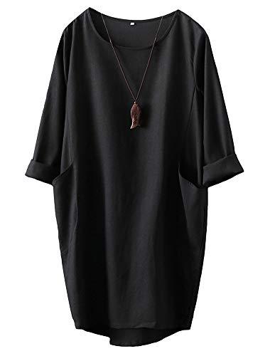 FTCayanz Donna Vestito Tunica T-Shirt Lino Abito Manica Lunga Mini Sciolto Abiti Elegante Nero XXL
