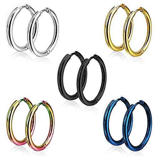 Epoch World 5 Paia 15MM Orecchini Cerchio per Uomo Donna Bambina in Acciaio Inossidabile, Orecchini Uomo Argento Nero, Orecchini Donna Cerchio Piccolo, Gioielli Orecchini Cerchio Oro Maschili