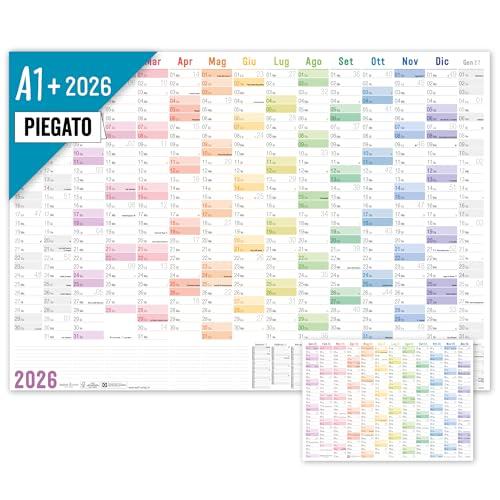 =Calendario da parete XXL 2026 A1+ in italiano (89x63 cm) [Arcobaleno] 15 mesi nov 2025 - gen 2027 - piegato - gratuito planner annuale A4 - sostenibilie e climaticamente neutrale
