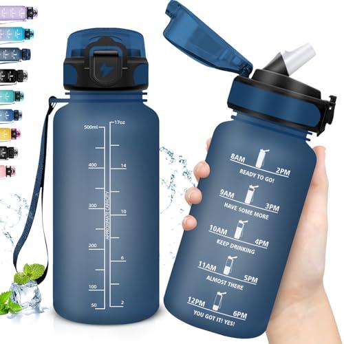 Grsta Borraccia Bambini, Facile da Trasportare, Borraccia 0,5 Litri con Scala Temporale, Bottiglia con Cannuccia Senza Perdite, Motivazionale, per Scuole, Campeggi, Uffici