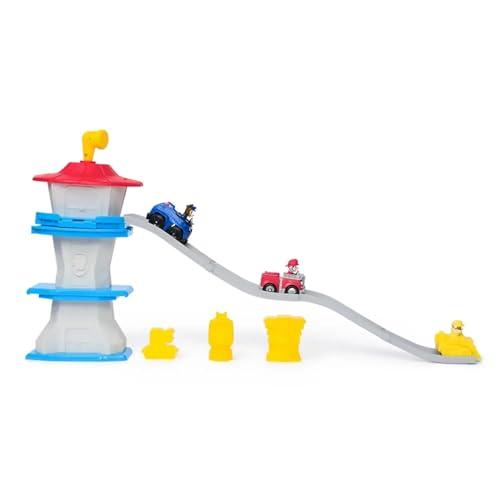 Paw Patrol Quartier Generale Deluxe Mini Tower pista con 3 Personaggi con Veicoli - Chase, Marshall e Rubble - età 2+ anni - Multicolore