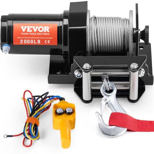VEVOR Verricello Elettrico, Capacità di Tiro della Linea di 2000lbs/ 907 kg Verricello ATV/UTV 12 V CC Φ0,4 x 1188,7 cm 7 Fili in Acciaio Rullo Passacavo Telecomando Cablato, per Traino UTV ATV