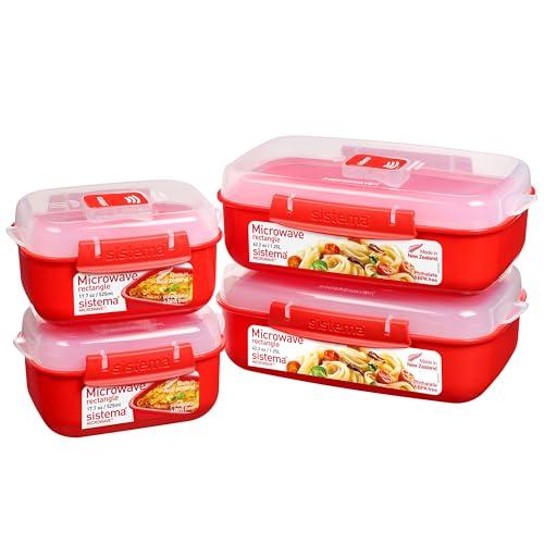 Sistema Heat and Eat Microwave Set | 4 Contenitori alimentari rettangolari con coperchi (2 x 1,25 L + 2 x 525 ml) | Clip e sfiato per il vapore | Privi di BPA
