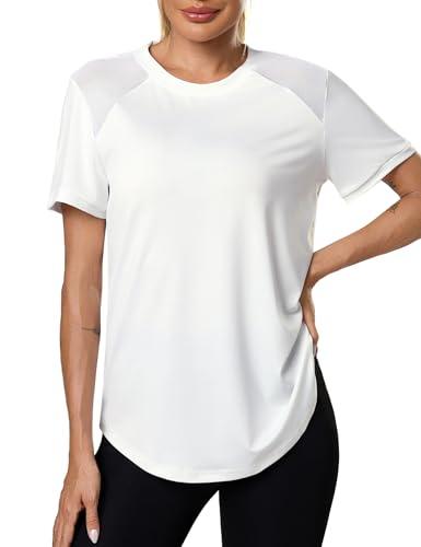 Terecey Maglietta Sportiva Donna Traspirante Maglia Palestra Indietro in Rete Magliette Palestra Girocollo Maglia Trekking Asciugatura Rapida per Jogging Running Yoga Corsa Bianco M