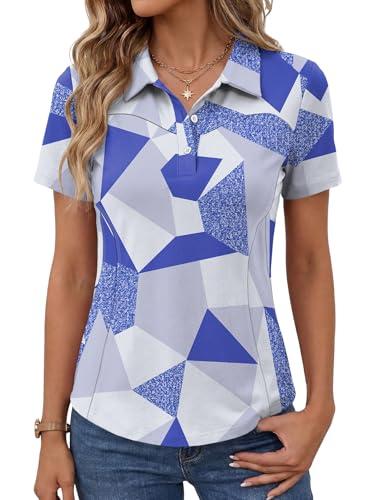 IECCP Polo da golf da donna a maniche corte in cotone con colletto leggero T-shirt traspirante estiva da lavoro casual Top da tennis 3 bottoni 2025, Blu Bianco Floreale, M