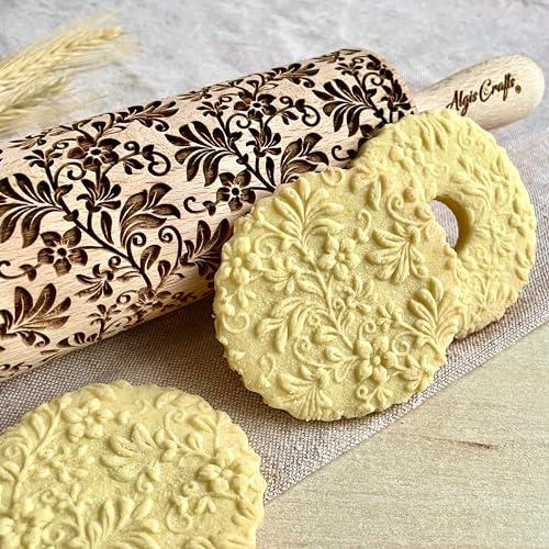 CORONA DI FIORI Mattarello Decorativo per Biscotti | Mattarello Inciso | Rullo per Biscotti e per Modellare | Mattarello Legno Goffrato di Algis Crafts