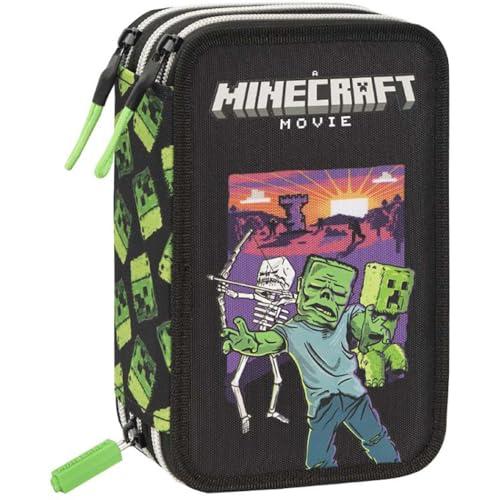 MINECRAFT Astuccio Scuola 3 Zip con Corredo, 20 x 13 x 7 cm, Set Completo 48 Pezzi, Nero/Verde