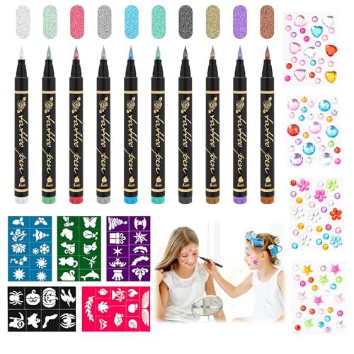 LTFIOON Tatuaggio Bambini, Tatuaggi Penne Bambini con 10 Glitterati Penna, 5 Tattoo Stencils, 4 Adesivi Diamanti, Kit tatuaggi Pennarelli, Glitter Tattoo per Ragazzi, Ragazze, Carnevale, Halloween