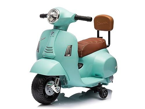 Mondial Toys Moto Elettrica Scooter per Bambini Mini Vespa GTS Piaggio 6V con Schienale Sedile in Pelle Luci Suoni Verde Tiffany