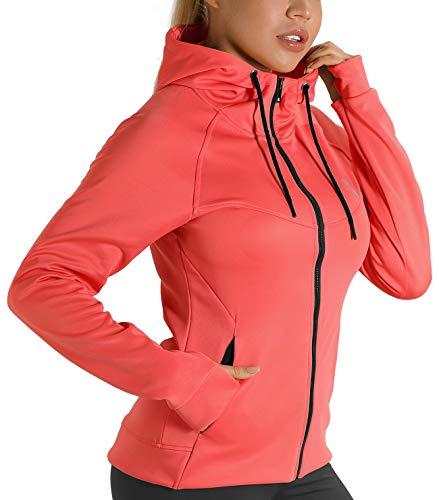icyzone Giacca Sportiva Donna con Cappuccio,Felpa Termica con Zip e Fori per i Pollici (M,Hot Coral)