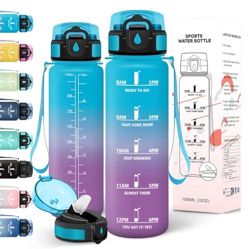 Motswedi Borraccia 1 litro, a Prova di Perdite, Borraccia Palestra, senza BPA, Borracce con Cannuccia, Con 2 Tappi, Bottiglia Acqua, Borracce 1 litro, Per Scuola, Ufficio, Sport, Blu Viola