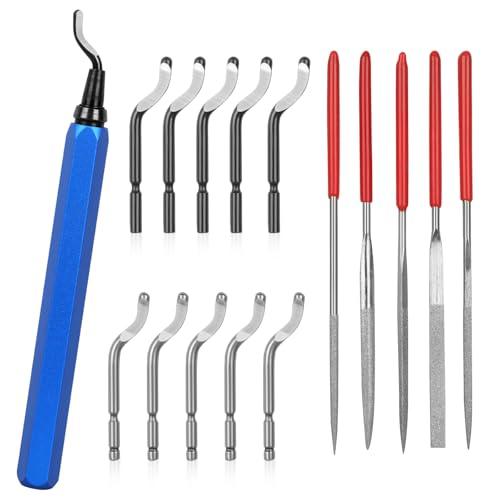 KOMABLEN Sbavatore di Attrezzi Set, Sbavatura Strumento con 10 Pezzi HSS Lame e 5 Lime Diamantate, 360°Rotazione Sbavatore per Metallo per Stampante 3D, Plastica, Alluminio, Rame e Acciaio