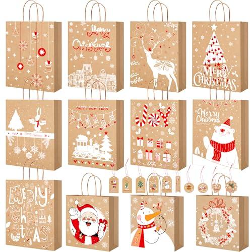 Sacchetti Regalo Natale -Sacchettini Regalo con Etichetta,12 Carta Kraft Sacchetto Regali Natale con Manici,Borse Regalo Natalizie Grandi,Borsine Regali Natalé Set,Sacchetti Natalizi Varie Dimensioni