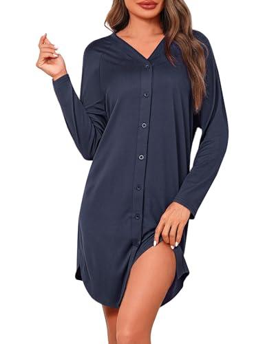 Crewhpo Camicia da Notte Donna Aperta Davanti Camicie da Notte Parto Ospedale Cotone Vestaglia con Bottoni Pigiama Premaman Autunno e Inverno Blu Navy L