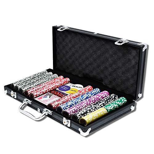 HENGMEI Set completo da poker con 500 chip da poker laser, set completo di accessori per carte da poker, 2 mazzi da poker, 5 dadi, 3 spacciatori, poker, chip da poker, valigia, Jetons (nero)