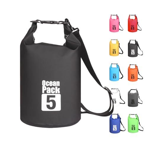 MORAINJAY 5L Borsa Impermeabile,Nero Waterproof Zaino Impermeabile Sacco Impermeabile con Tracolla Regolabile,2L/5L/10L/15L/20L/30L Dry Bag per Outdoor Sport Acquatici,Barca, Pesca, Rafting, Nuoto