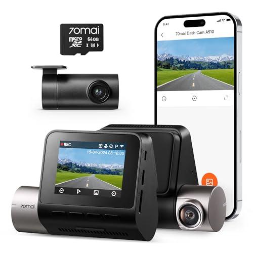 70mai Dash Cam Auto A510 Full-HD con Scheda SD da 64GB, 1944P Doppio Dashcam con GPS e WiFi, Visione Notturna, Registrazione in Loop, Modalità Parcheggio 24H, Controllo Tramite App, Massimo 256GB