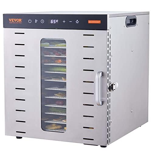 VEVOR Essiccatore Elettrico 1000W per Alimenti in Acciaio Inox 10 Vassoi Estraibili Tempo Temperatura Regolabile 30-90 ℃ Aria Circolata 360°, Macchina Essiccatrice Alimentare Domestica 46x42x46,5 cm