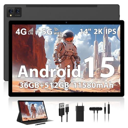 WOREGOO 14 pollici Android 15 Tablet, 5G WiFi e 4G LTE, 36GB RAM + 512GB ROM (1TB TF), Octa-Core/2000 * 1200FHD 2K/Face ID/BT5.0/13MP+8MP/11580mAh/GPS con custodia e stilo, Nero