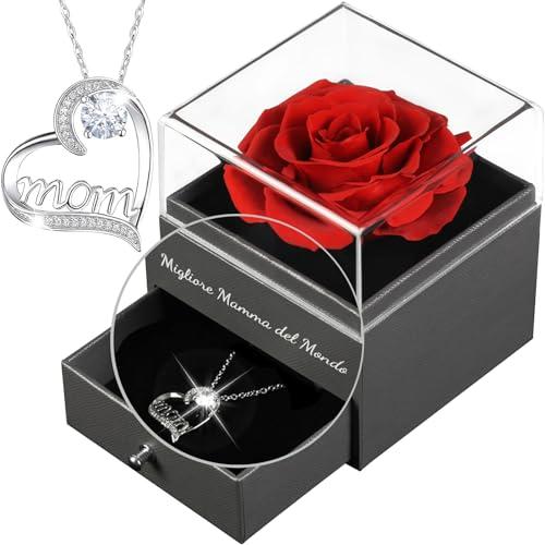 Yamonic Festa della Mamma Idee Regalo, Rosa Eterna con Collana Argento 925 Regalo Mamma, Migliore Mamma del Mondo Regali per Mamma,Rosa Stabilizzata Vera Regalo Mamma Compleanno,Natale,Rossa