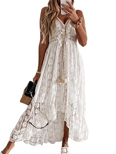 Cupshe, Abito da donna bohémien in pizzo, svasato, con scollo a V, balze e nappe, adatto per la spiaggia, bianco, M