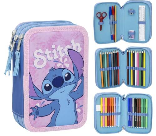 Stitch - Astuccio scolastico per bambini, colore: rosa, chiusura a cerniera, 12,5 x 6,5 x 19,5 cm, triplo scomparto - include accessori - prodotto originale progettato in Spagna, Rosa, Astuccio